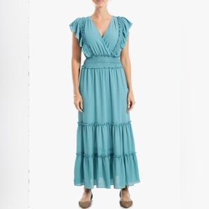 Max Studio Pebble Crepe Flutter Sleeve Bohemian Blue‎ Maxi Dress